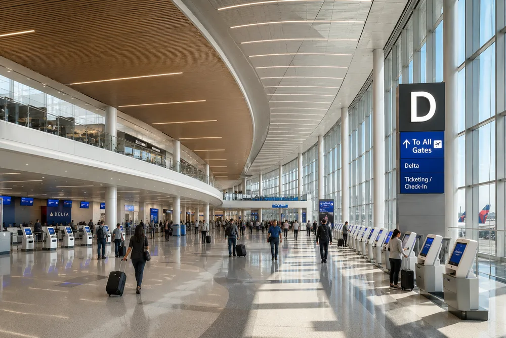 a bright contemporary airport terminal with a curved ceiling, daylight, check-in kiosks, and passenger circulation.