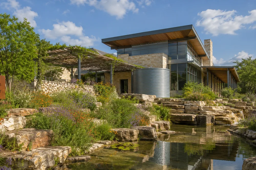 editorial visualization of sustainable public architecture integrated with native planting, water collection, stone terraces, and a shaded garden.